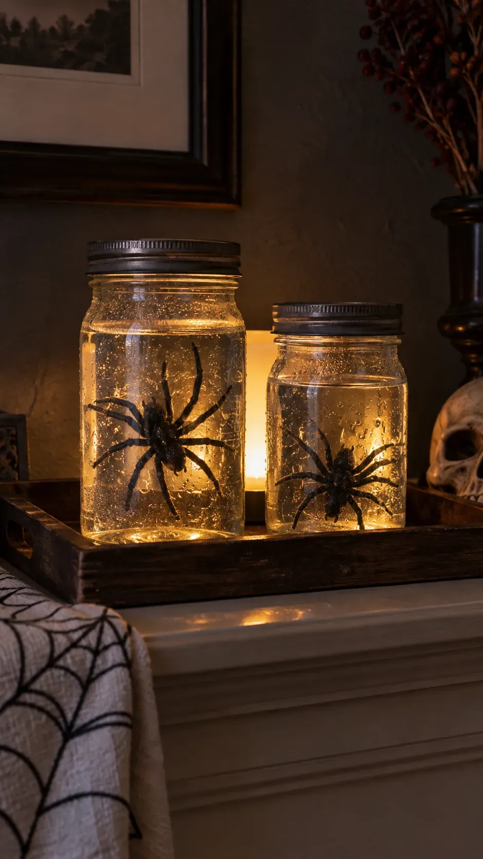 Cheap DIY Halloween decoration showing glowing specimen jars