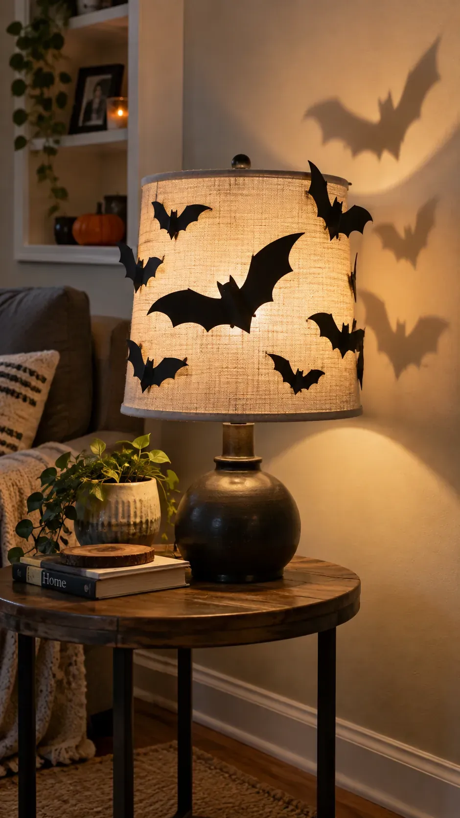 Cheap DIY Halloween decoration showing bat shadow lamp shade