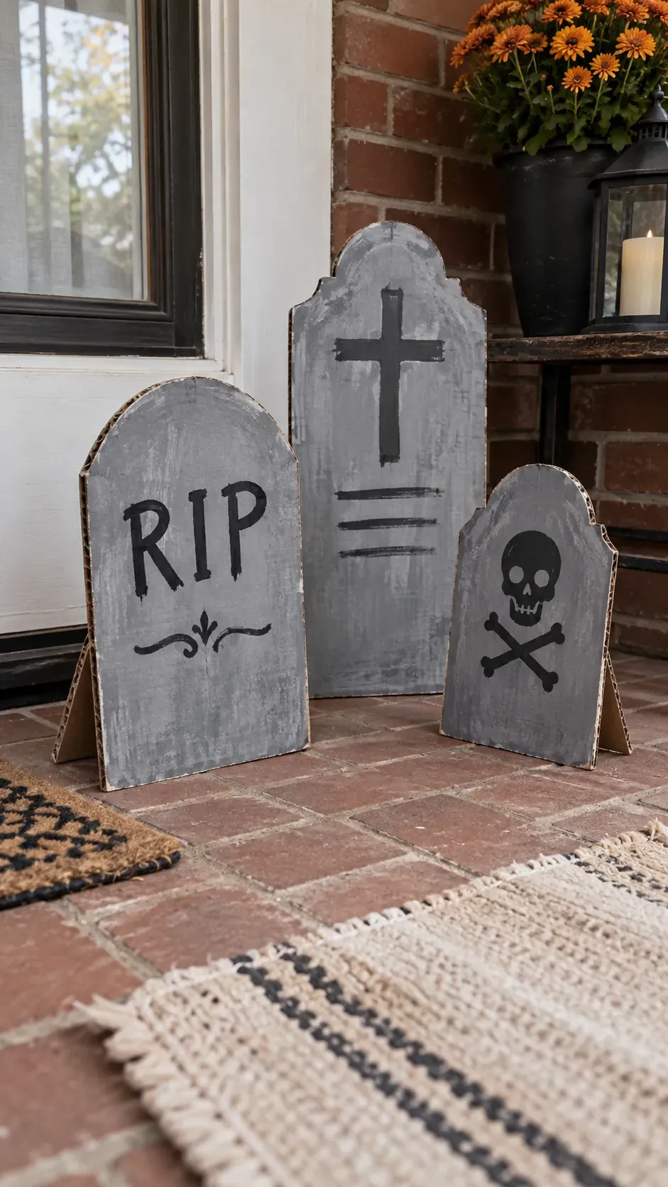 Cheap DIY Halloween decoration showing cardboard tombstone markers