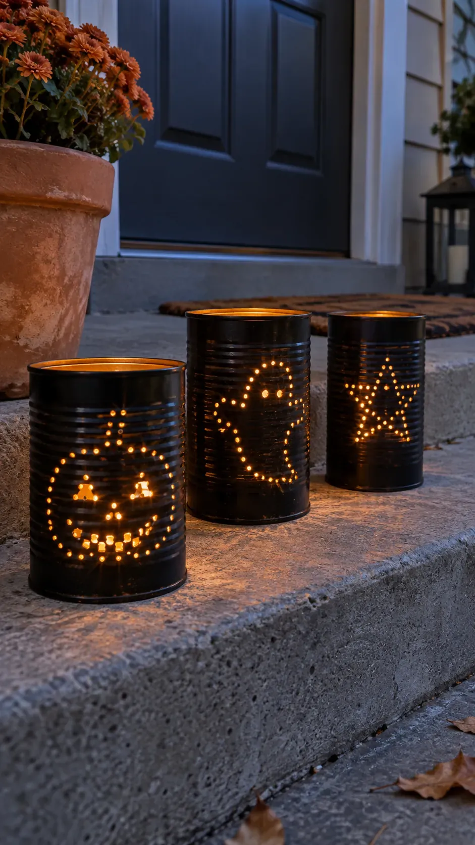 Cheap DIY Halloween decoration showing tin can lantern row