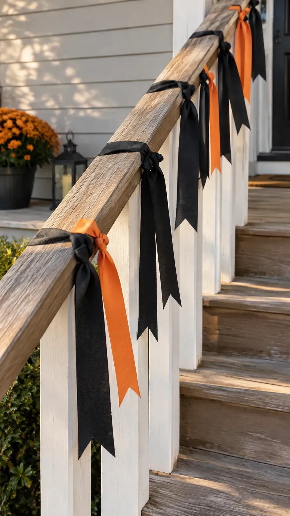 Cheap DIY Halloween decoration showing black ribbon stair rail