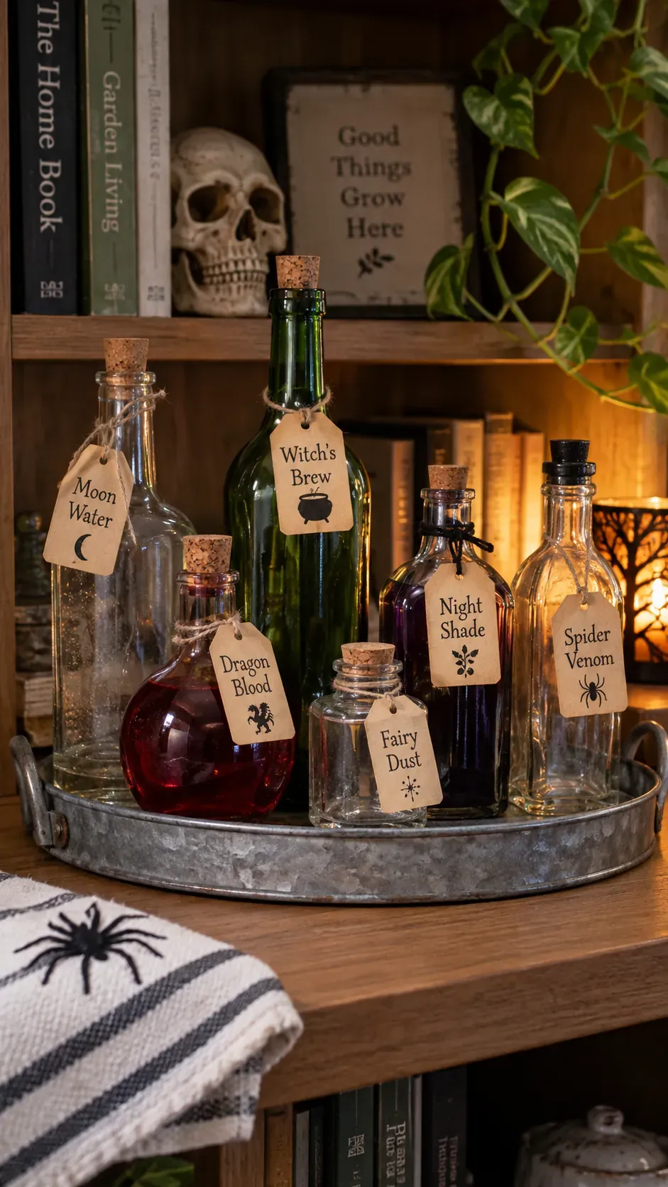 Cheap DIY Halloween decoration showing reused bottle potion display