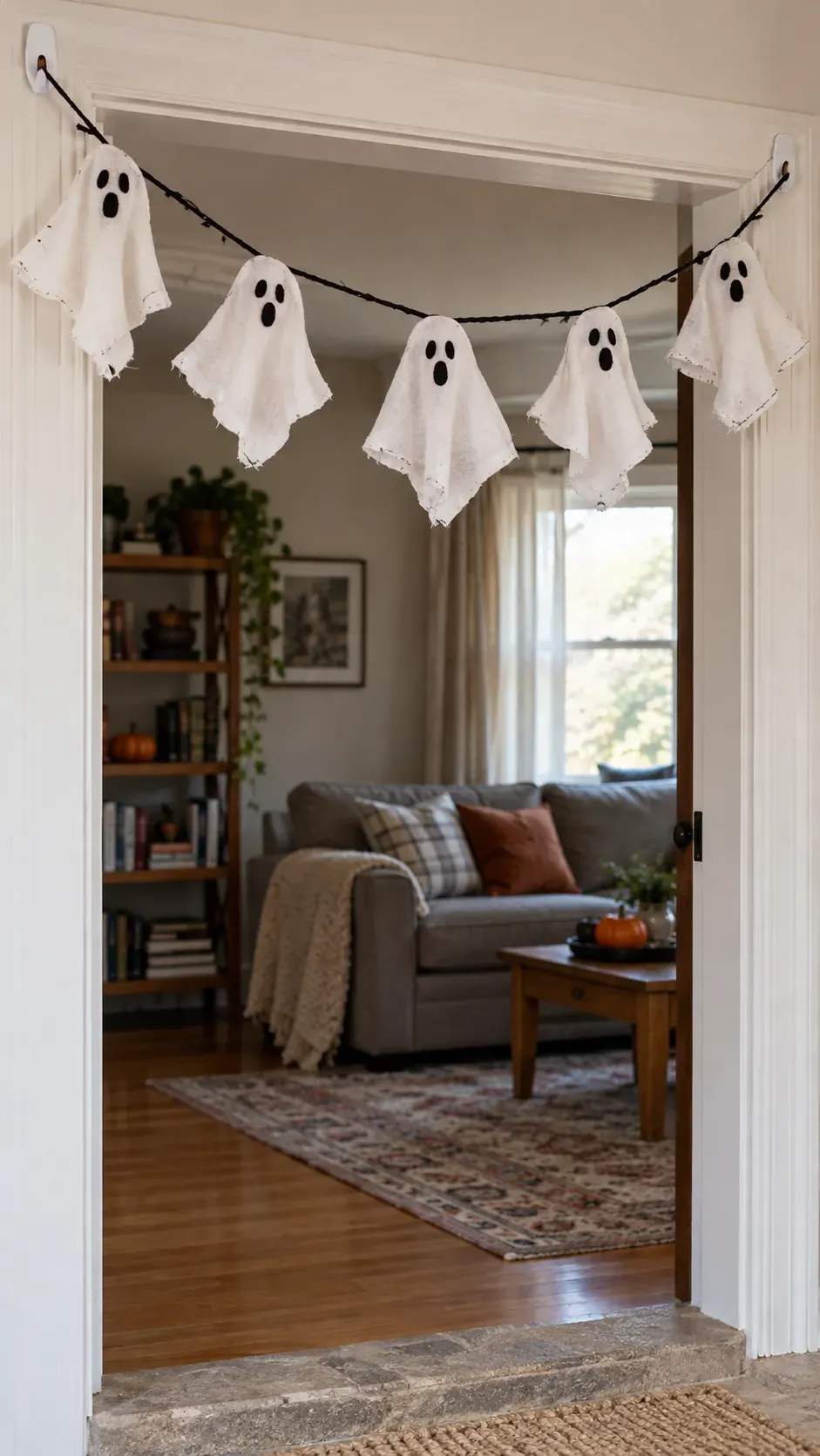 Cheap DIY Halloween decoration showing scrap fabric ghost garland