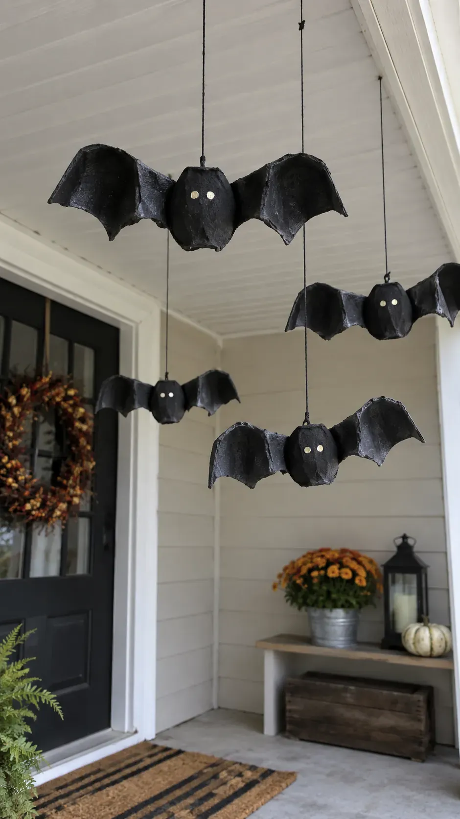 Cheap DIY Halloween decoration showing egg carton bat cluster