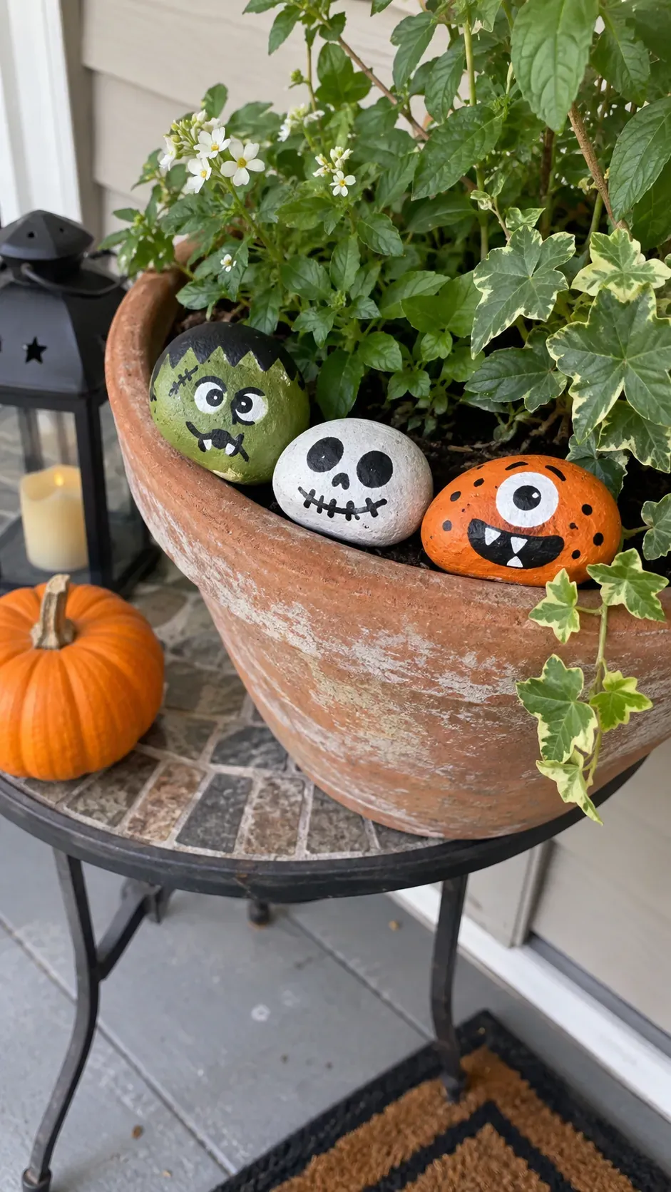 Cheap DIY Halloween decoration showing painted pebble monster faces