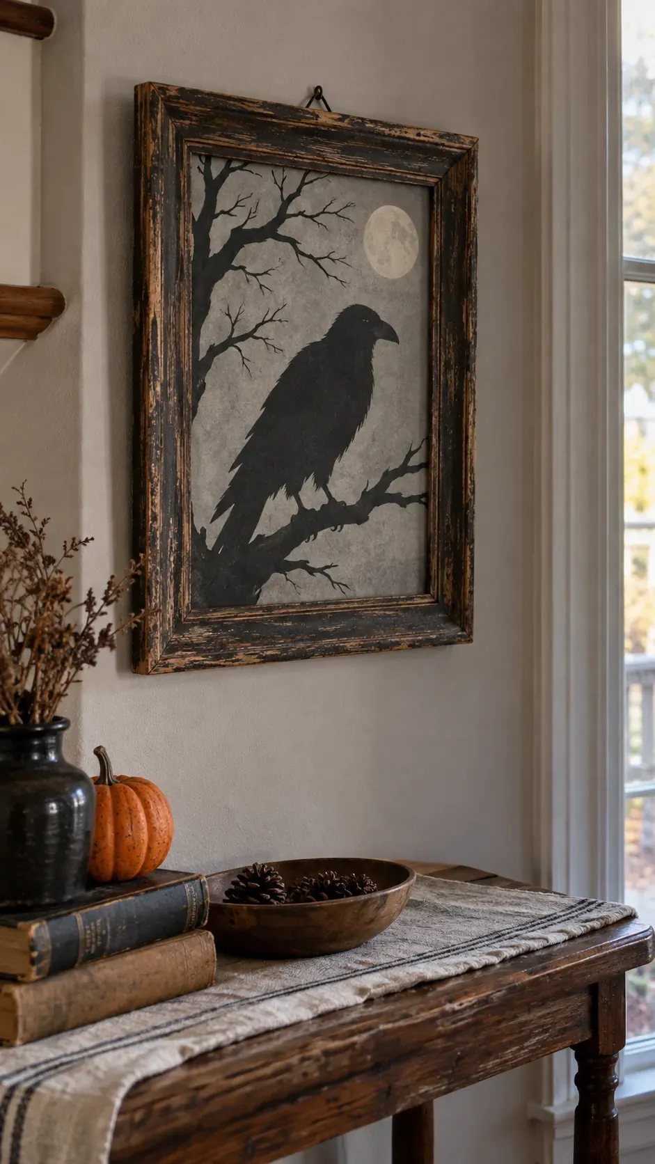 Cheap DIY Halloween decoration showing old frame haunted portrait