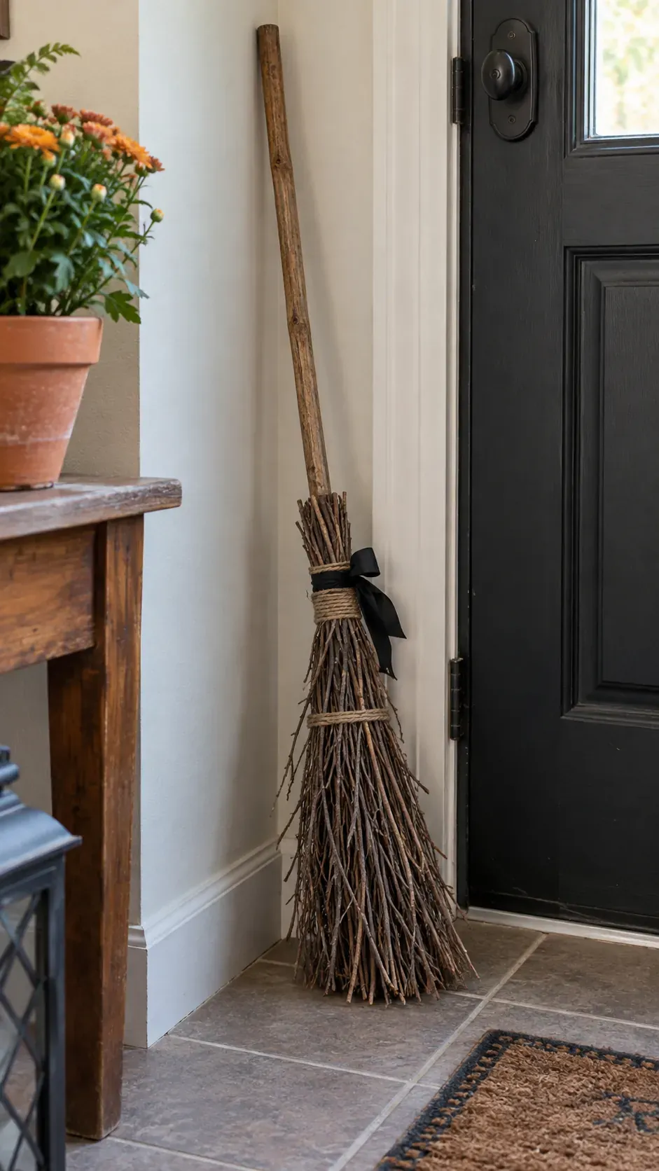 Cheap DIY Halloween decoration showing broomstick door corner