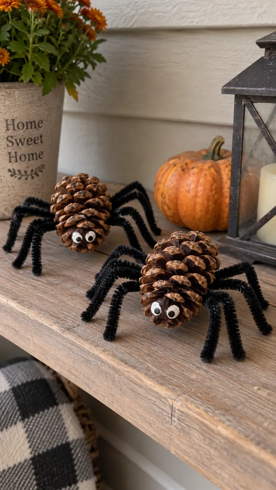 Cheap DIY Halloween decoration showing painted pinecone spiders