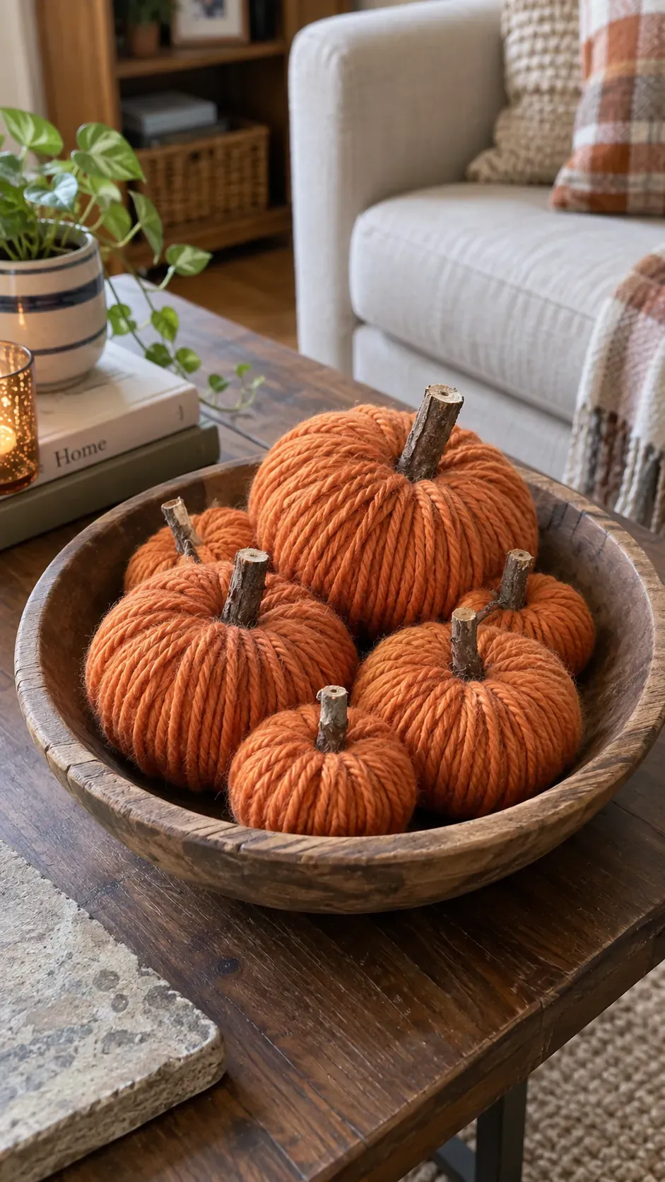 Cheap DIY Halloween decoration showing orange yarn pumpkin pile