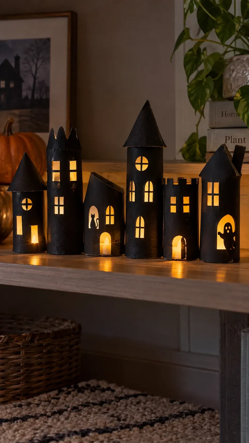 Cheap DIY Halloween decoration showing toilet roll silhouette village