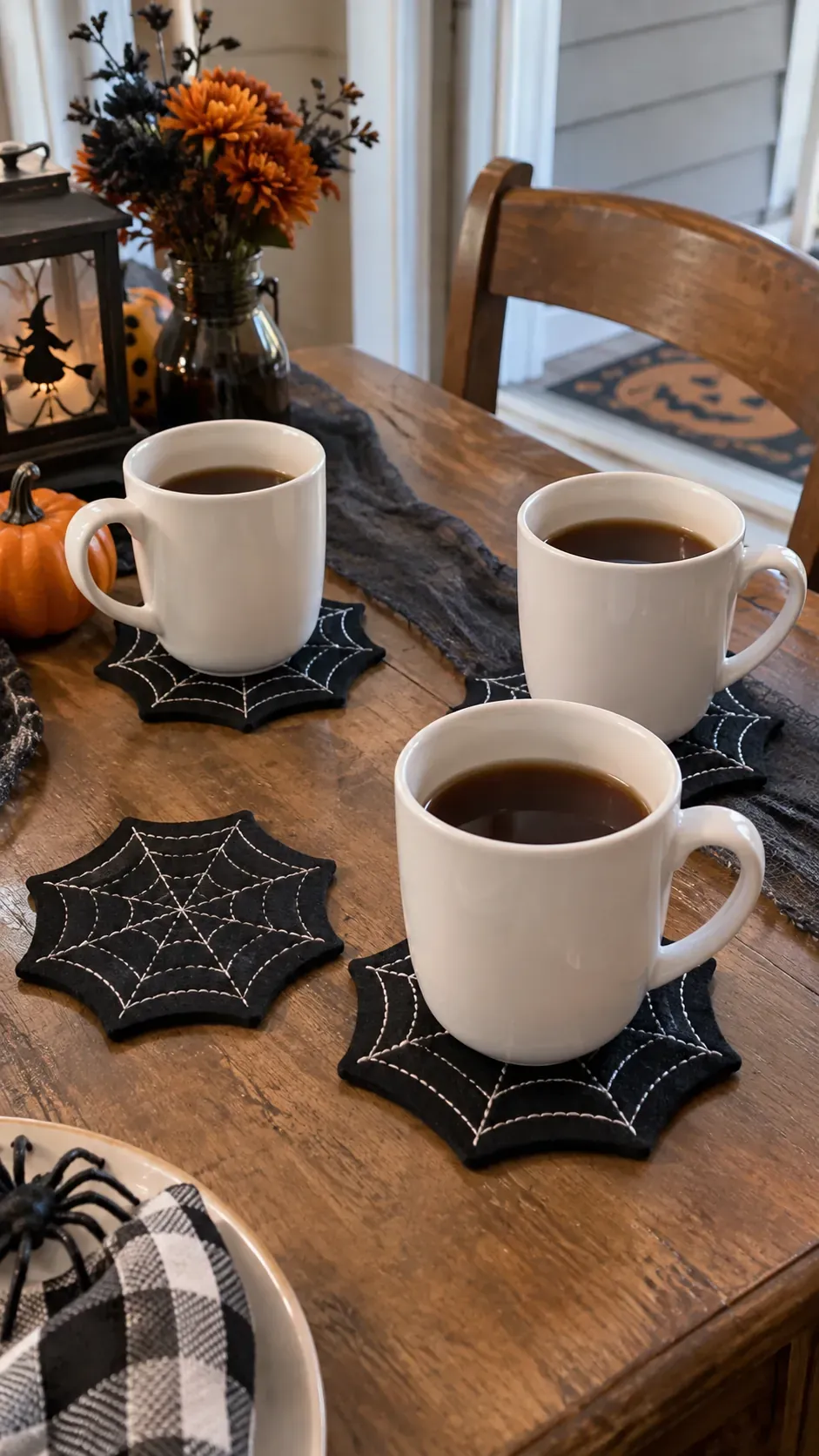 Cheap DIY Halloween decoration showing felt spider web coasters