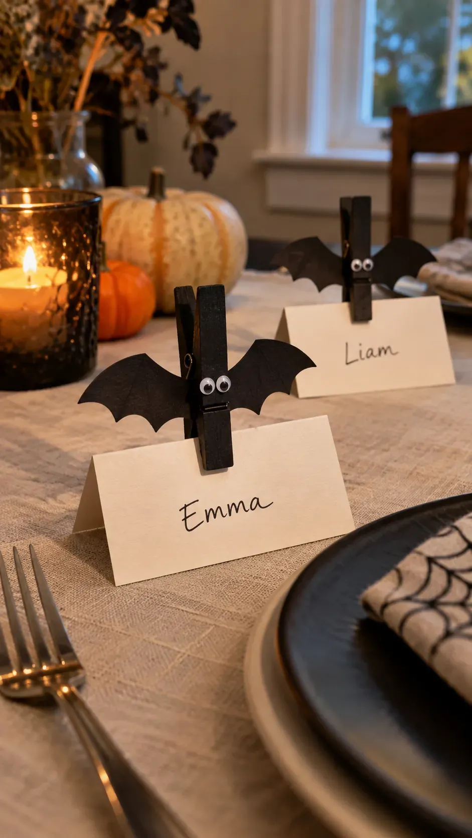 Cheap DIY Halloween decoration showing clothespin bat place cards