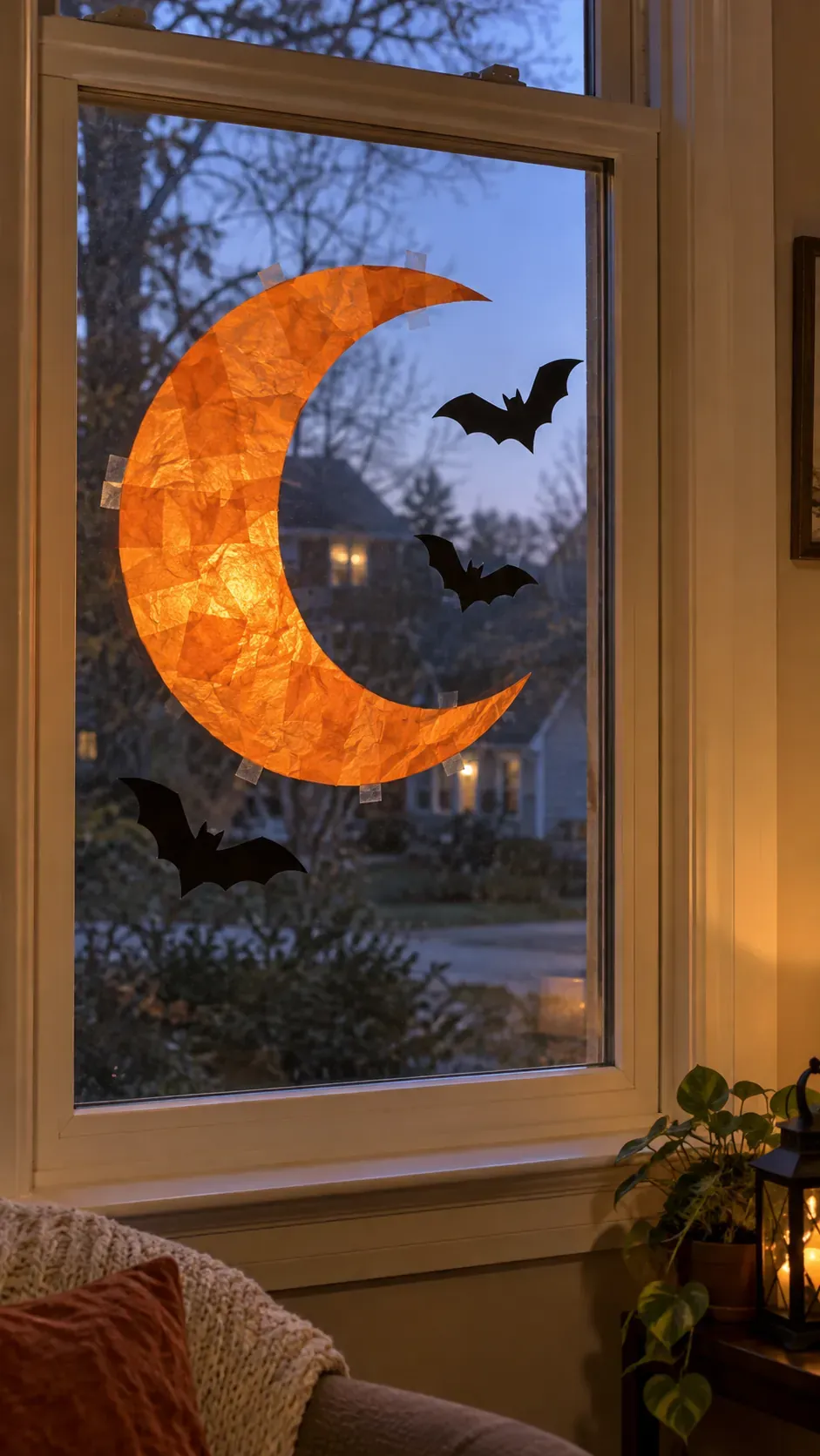 Cheap DIY Halloween decoration showing window tissue moon
