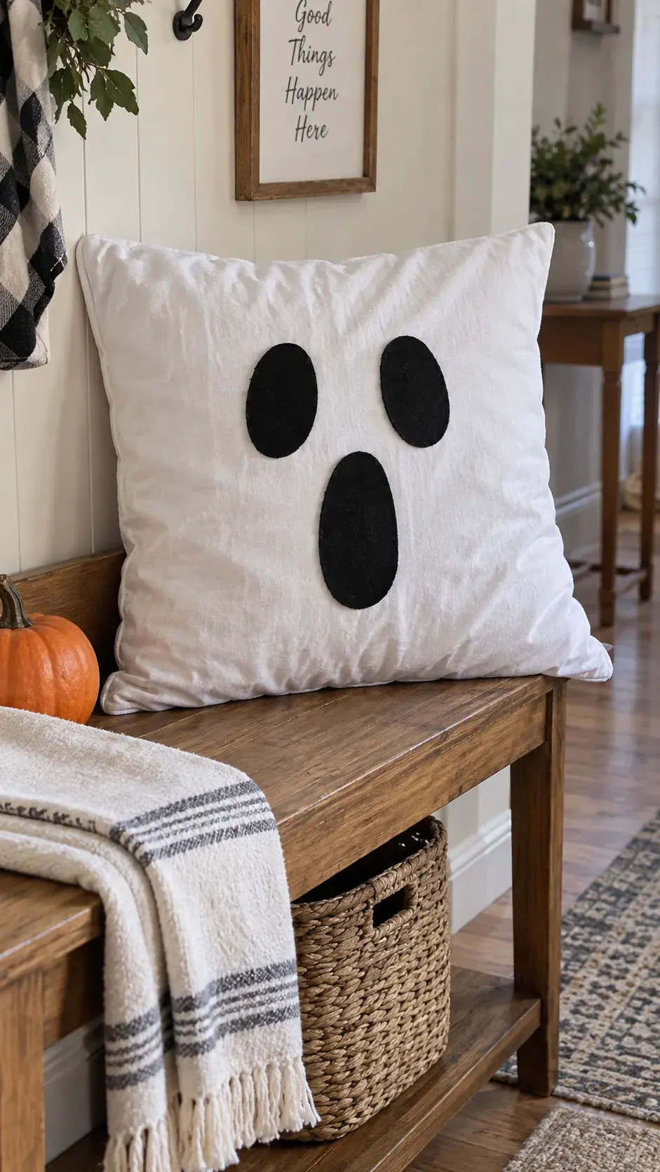 Cheap DIY Halloween decoration showing pillowcase ghost cushion