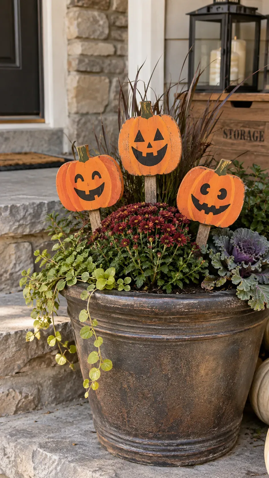 Cheap DIY Halloween decoration showing scrap wood pumpkin stakes