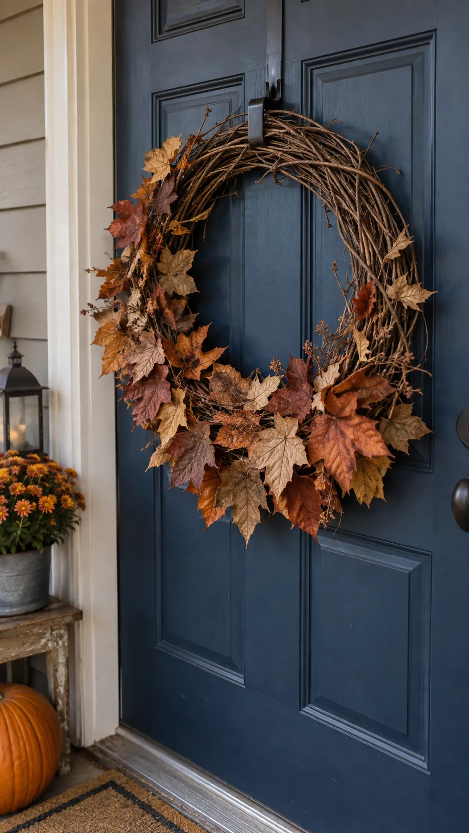 Handmade fall wreath on a sheltered front door