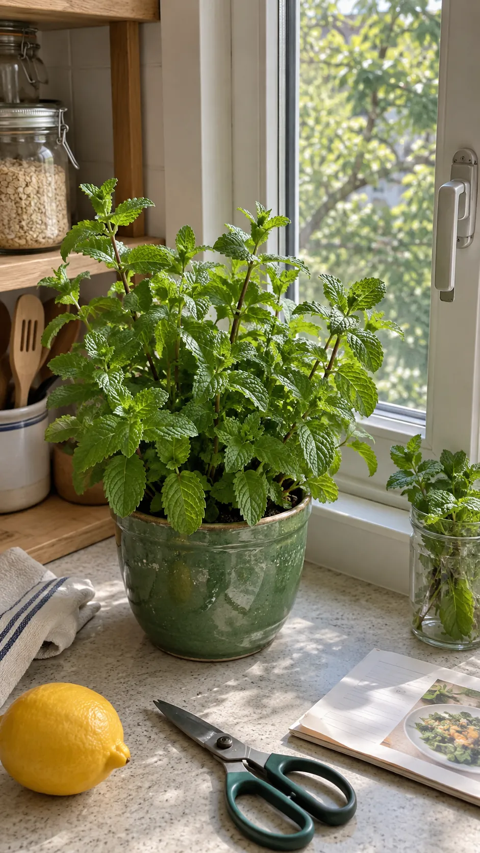 Mint in Its Own Window Pot in a realistic indoor window setting