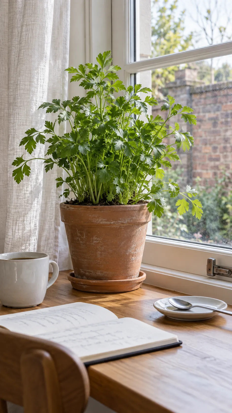 Parsley for a Cooler Windowsill in a realistic indoor window setting