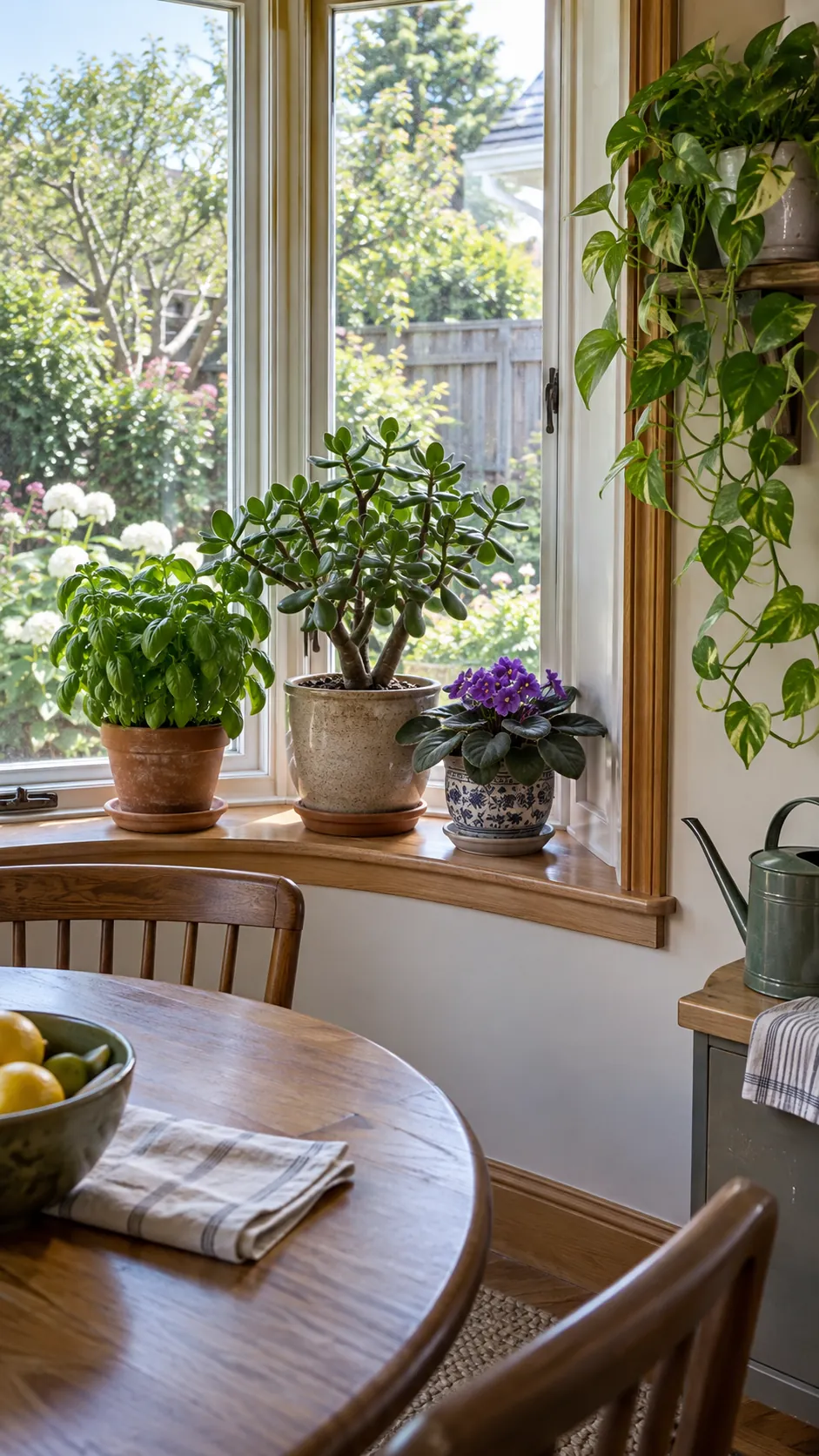 Mixed indoor plants on a bright bay window ledge