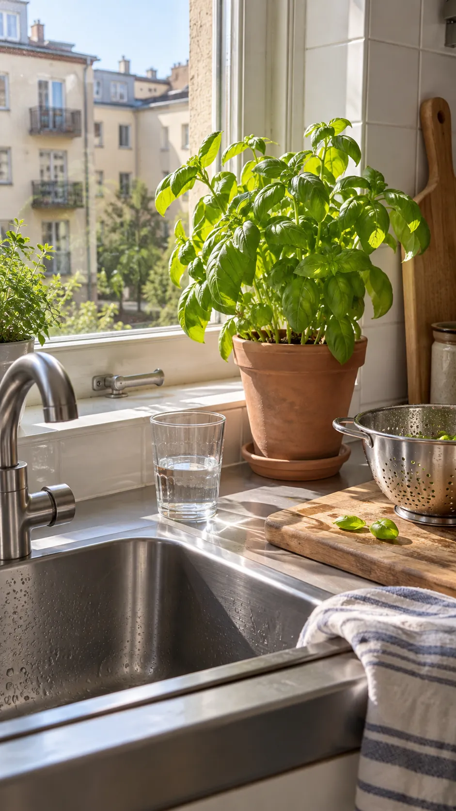 Basil for a Sunny Kitchen Window in a realistic indoor window setting