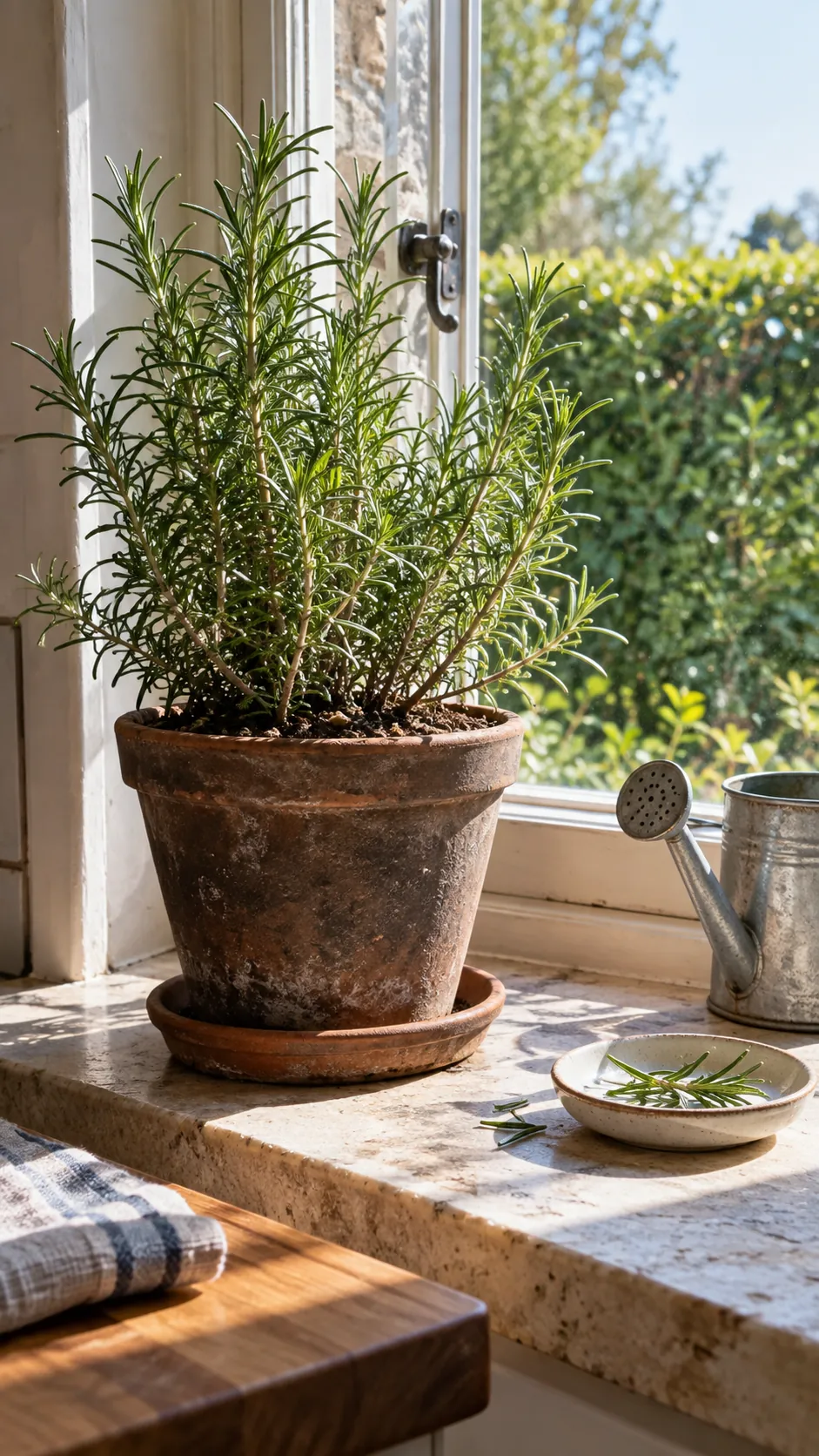 Rosemary Where Sun Reaches the Glass in a realistic indoor window setting