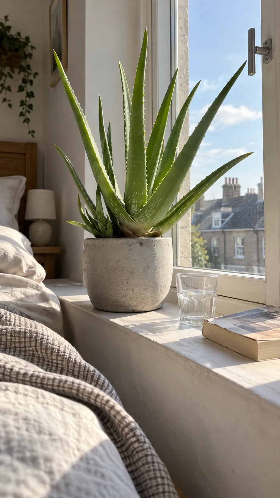 Aloe Vera for a Bright Bedroom Ledge in a realistic indoor window setting