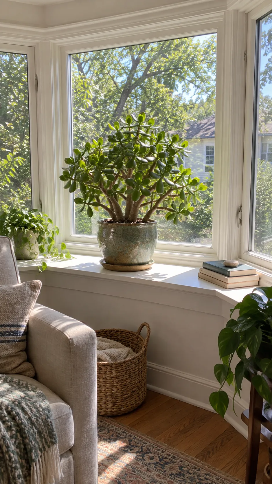 Jade Plant for a Sunlit Bay Window in a realistic indoor window setting