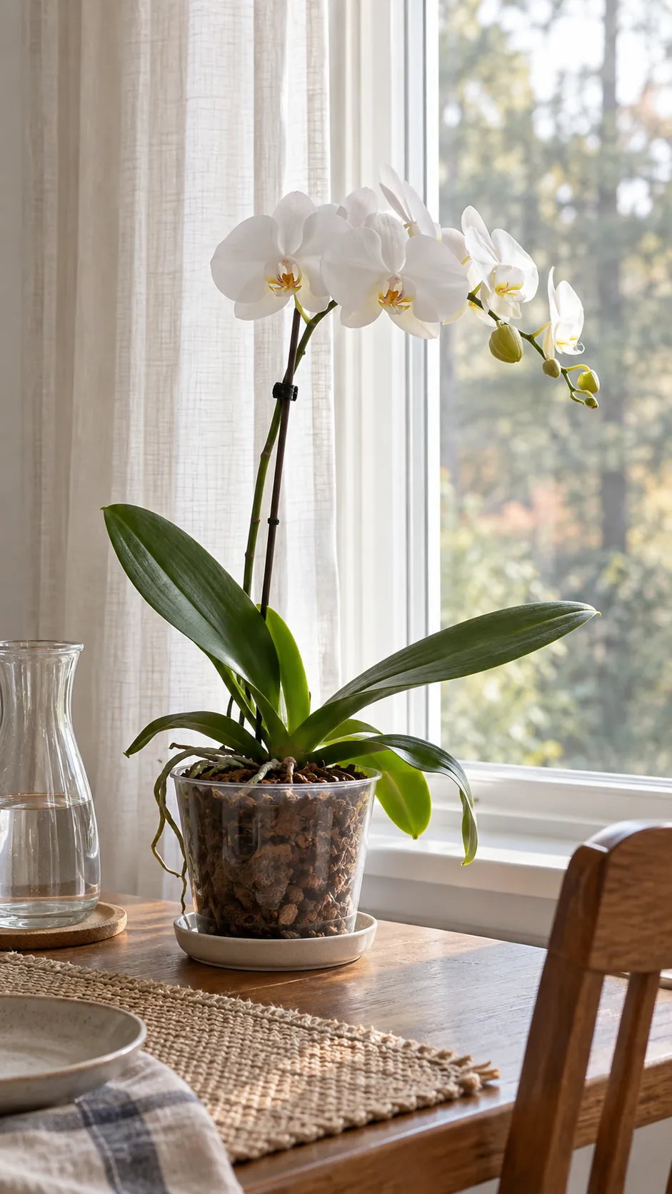 Moth Orchid in Filtered Window Light in a realistic indoor window setting