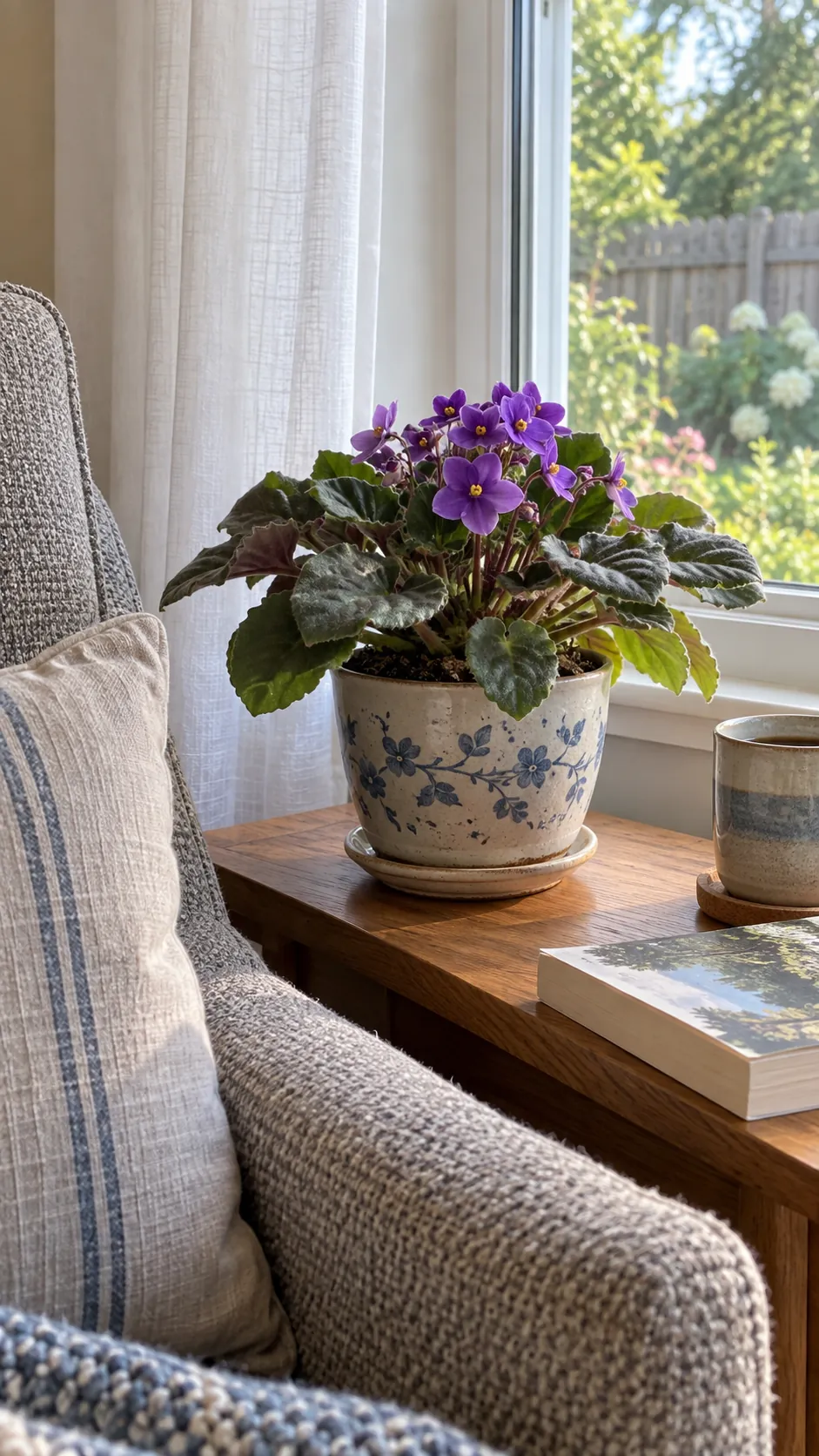 African Violet Beside an East Window in a realistic indoor window setting