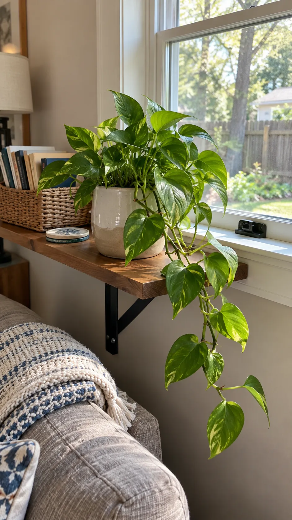 Pothos on a Secure Window Shelf in a realistic indoor window setting