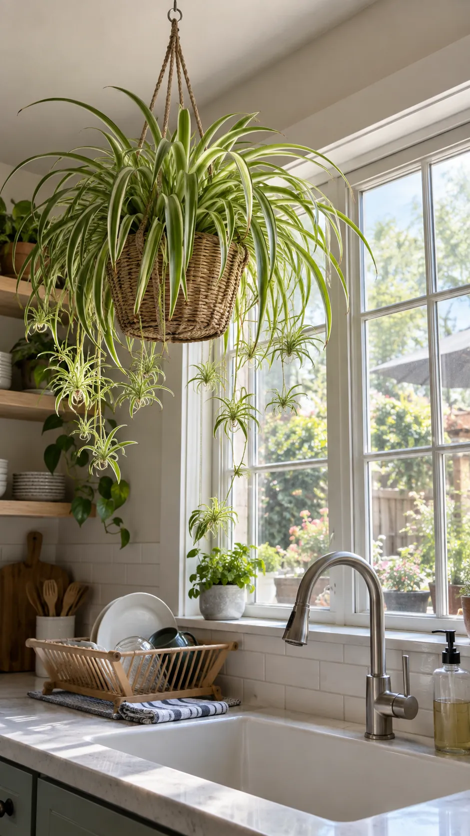 Spider Plant Above a Kitchen Sink in a realistic indoor window setting