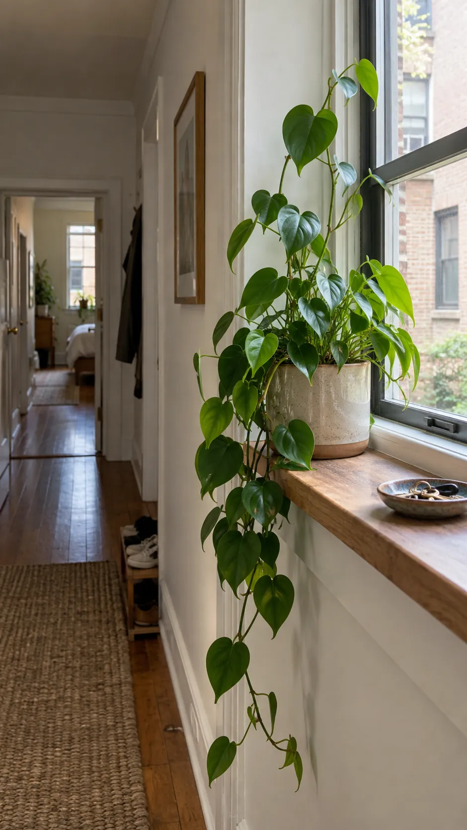 Heartleaf Philodendron Along a Window Frame in a realistic indoor window setting
