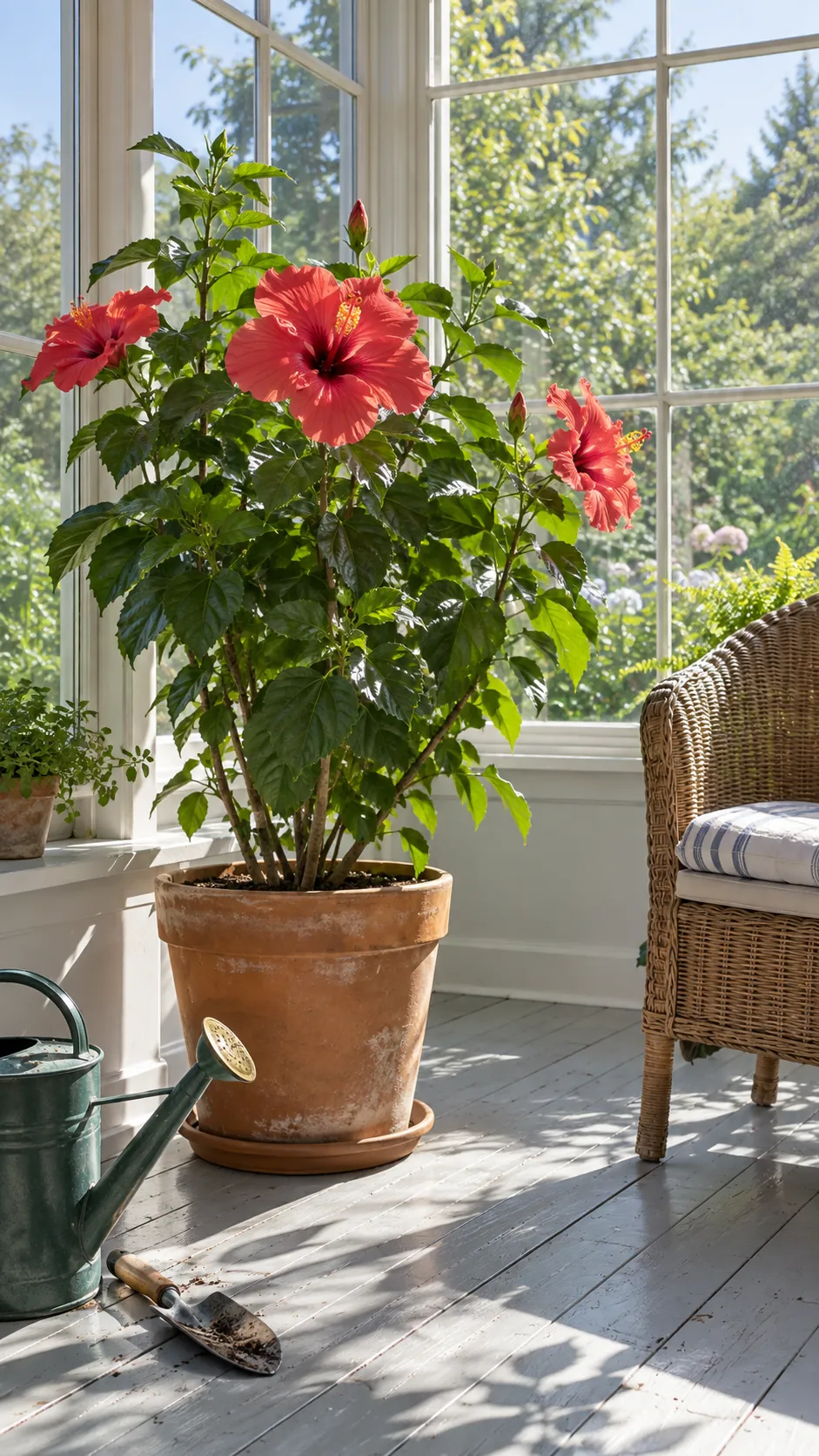 Hibiscus for a Spacious Sunny Window in a realistic indoor window setting
