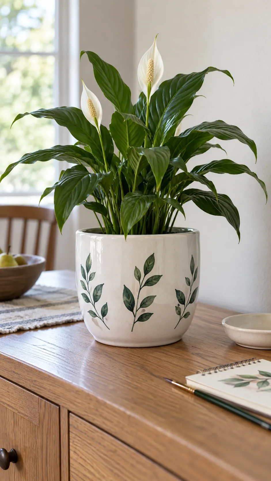 Hand Painted Botanical Motifs on a real plant pot in a home setting