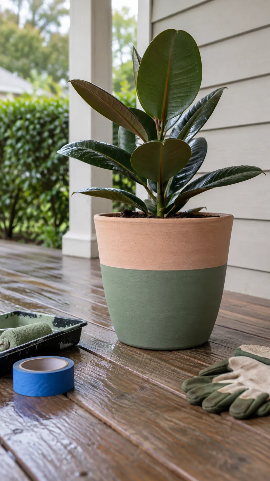Color Blocked Clay Pots on a real plant pot in a home setting