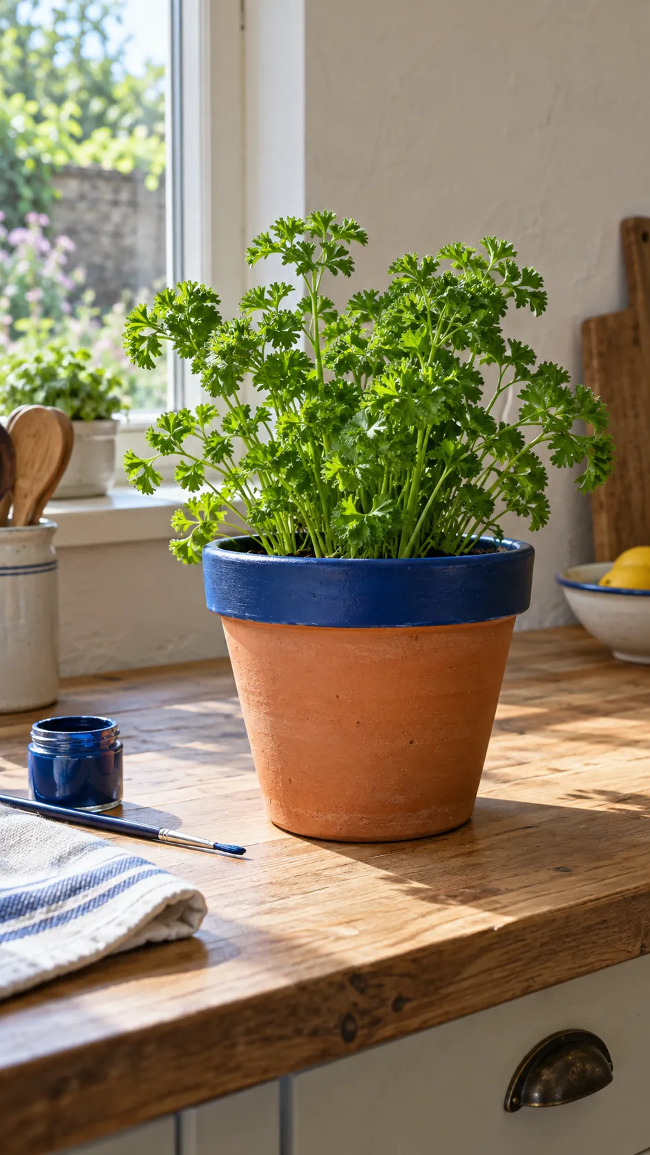 Painted Terracotta Rims on a real plant pot in a home setting