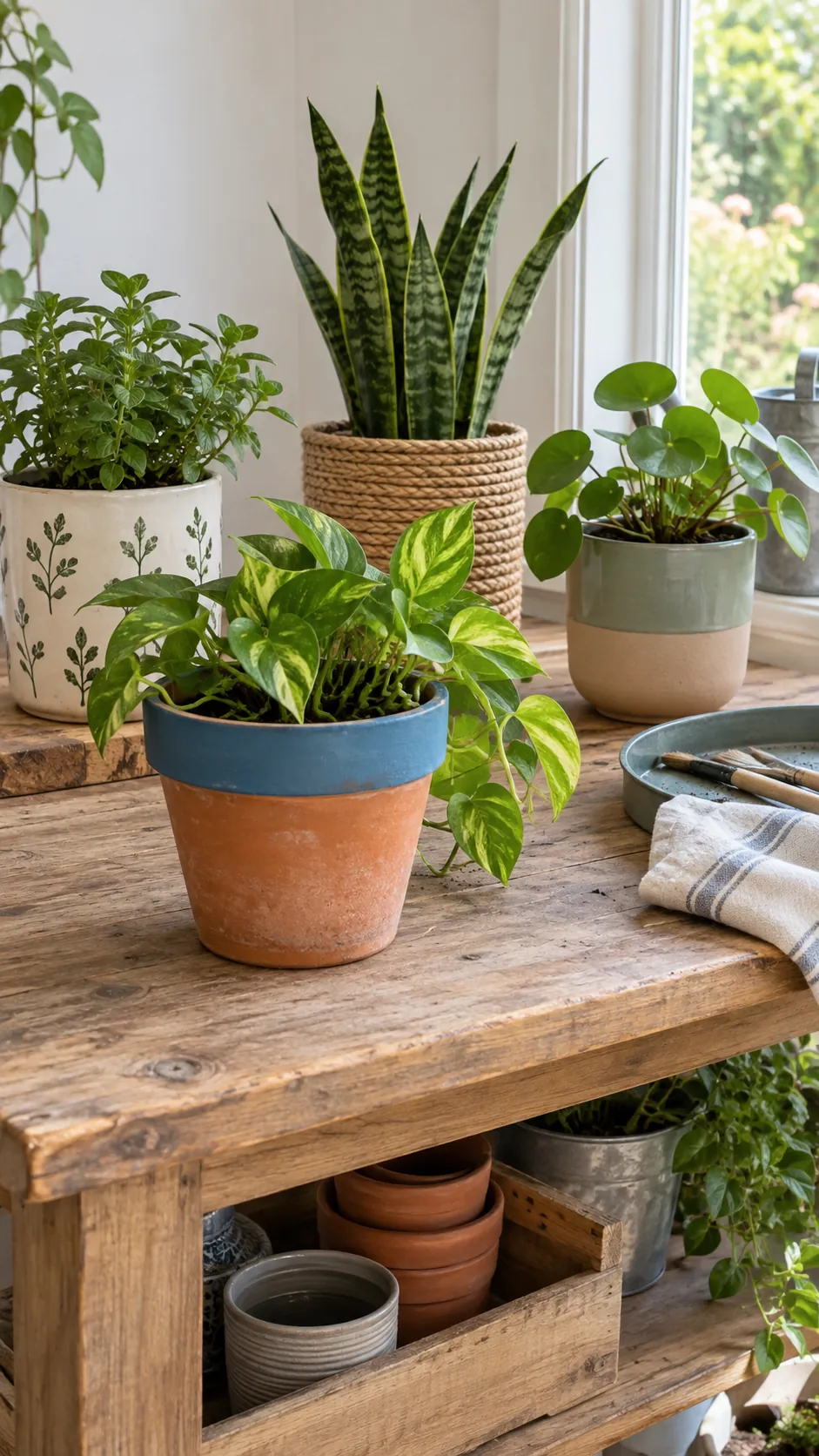 Four differently decorated plant pots on a bright worktable