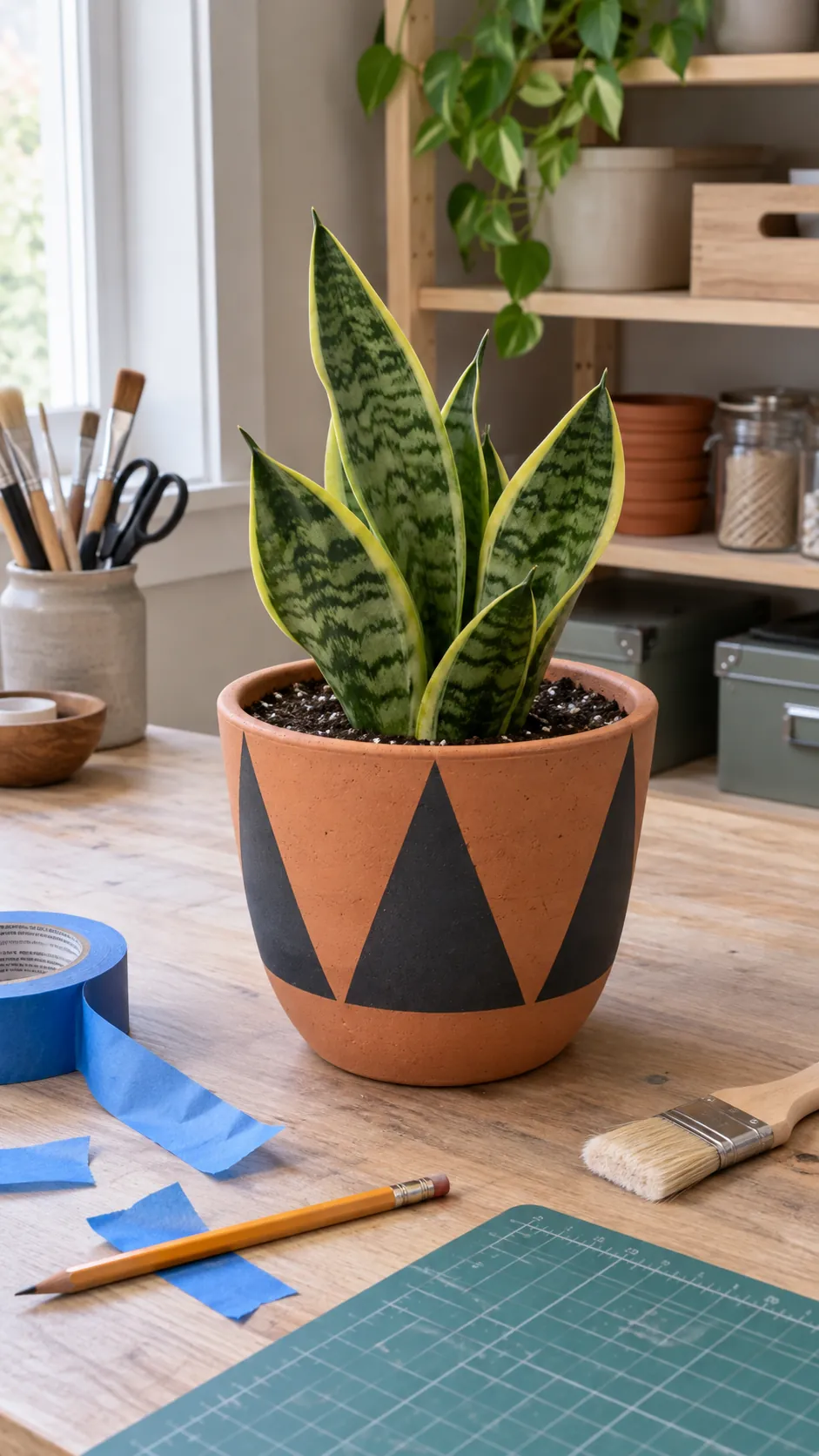 Geometric Tape Patterns on a real plant pot in a home setting