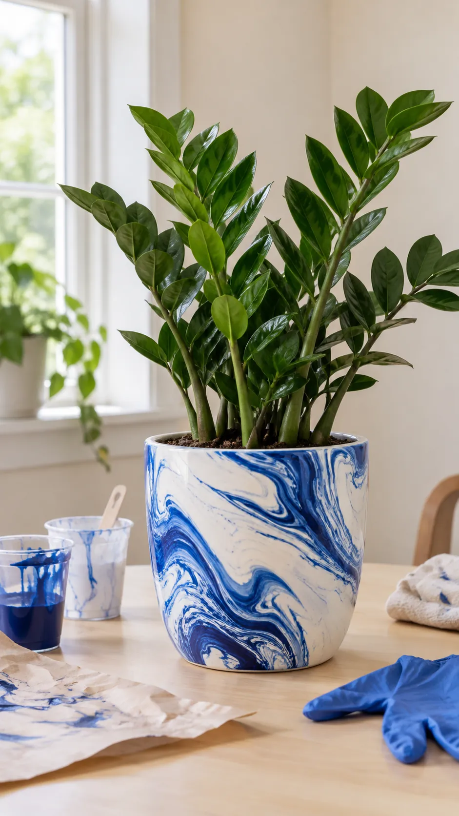 Marbled Exterior Paint on a real plant pot in a home setting