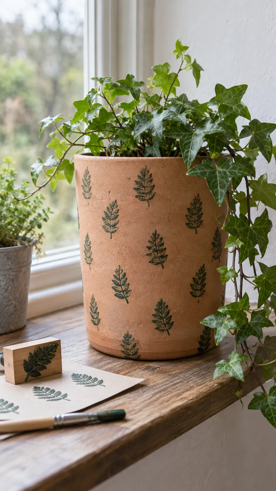 Stamped Clay Impressions on a real plant pot in a home setting