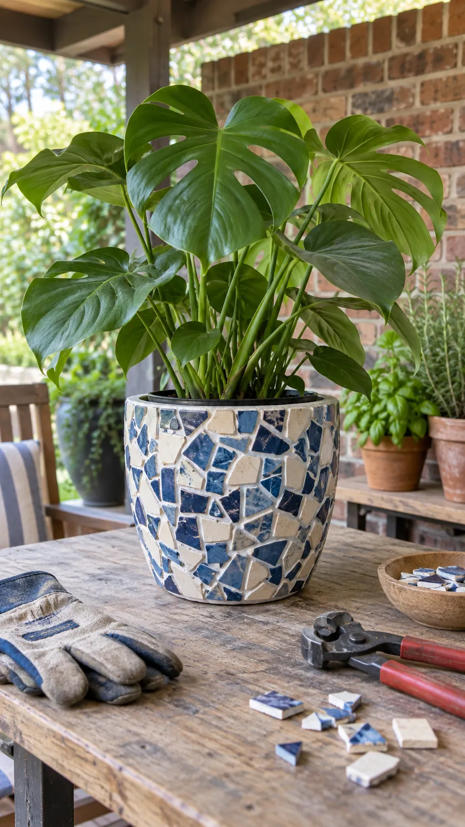 Tiled Mosaic Cachepots on a real plant pot in a home setting