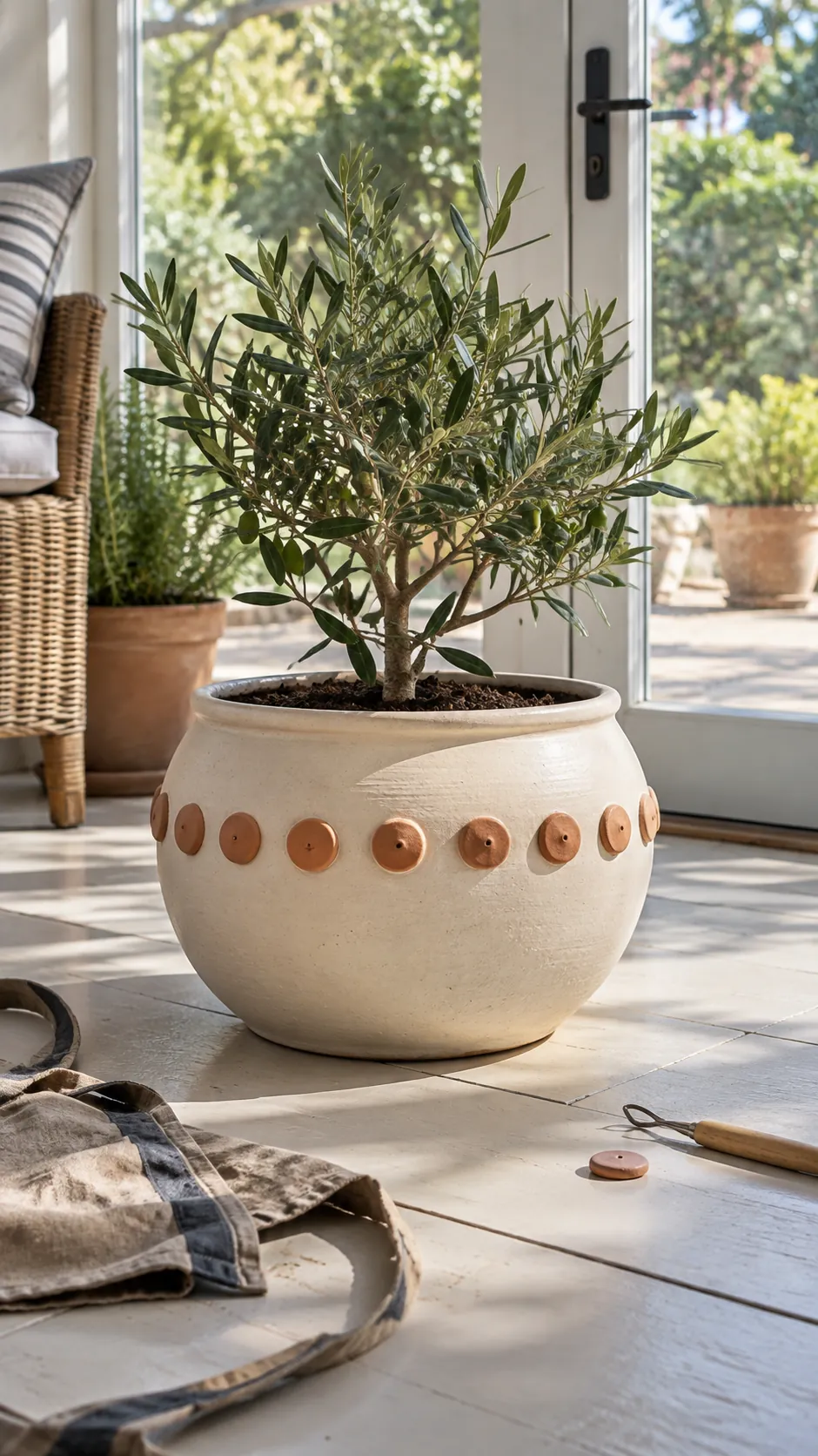 Raised Clay Dots on a real plant pot in a home setting