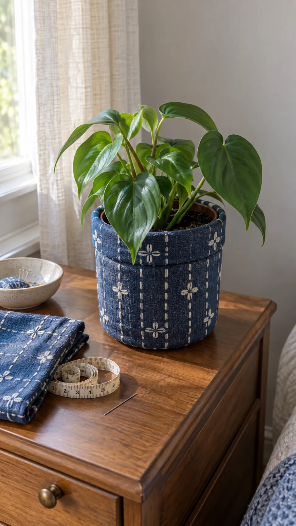 Removable Fabric Pot Sleeves on a real plant pot in a home setting