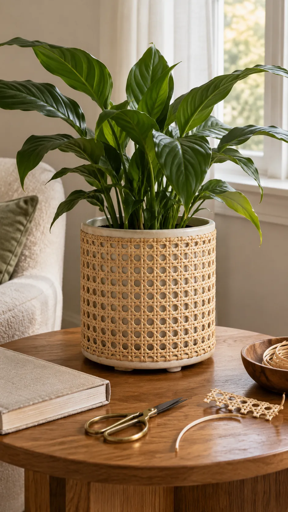 Woven Cane Panels on a real plant pot in a home setting