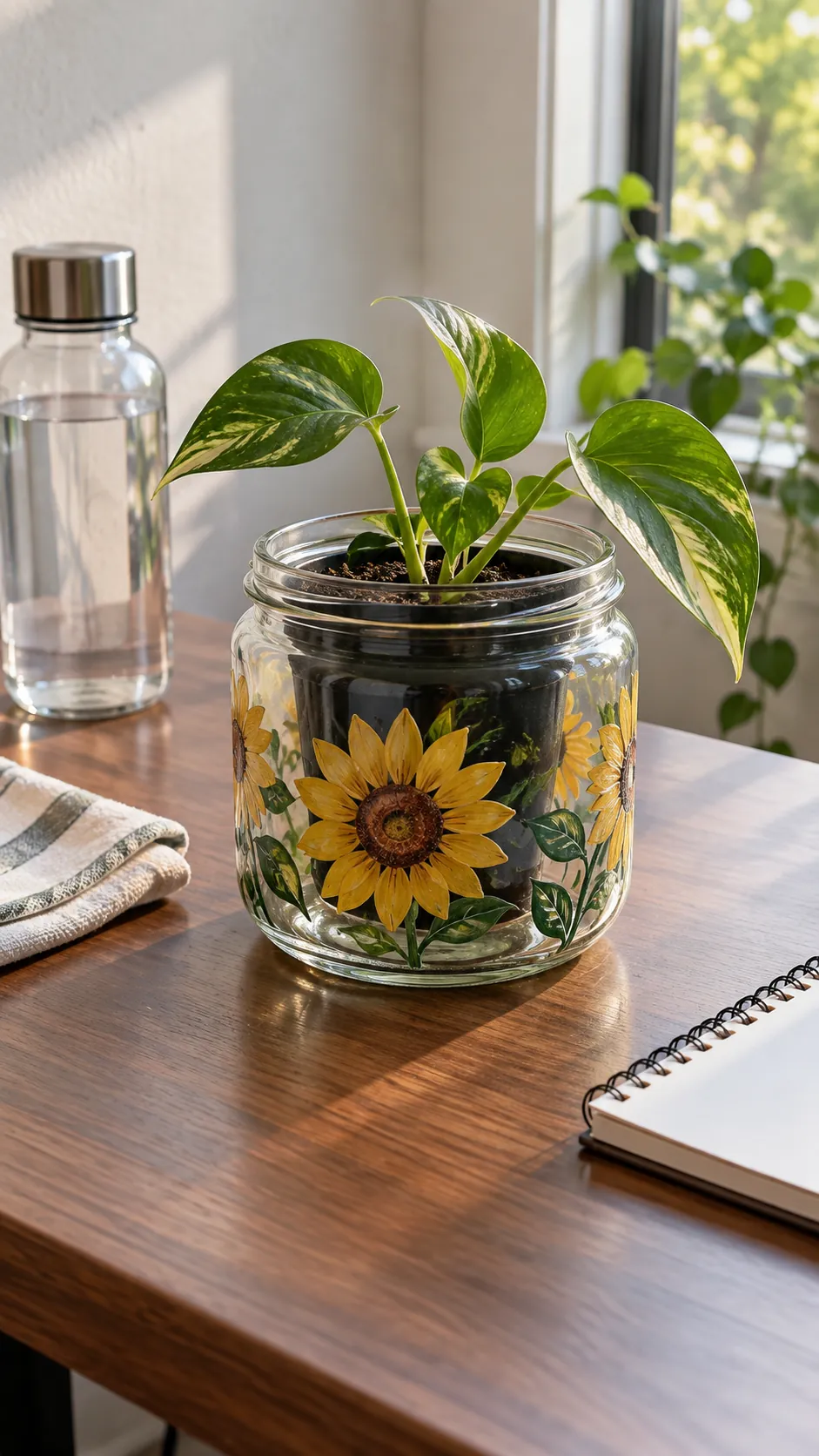 Reused Glass Jar Holders on a real plant pot in a home setting