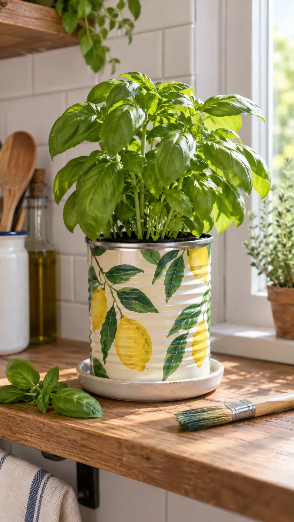 Upcycled Tin Can Covers on a real plant pot in a home setting