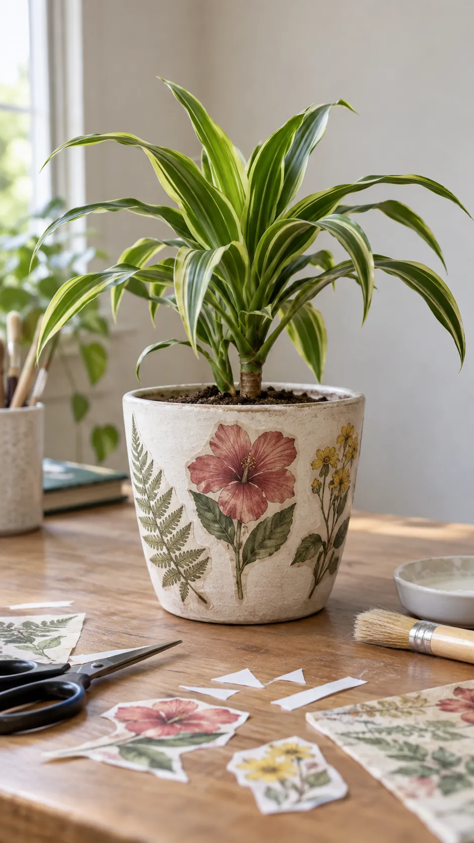 Decoupage on Outer Pots on a real plant pot in a home setting