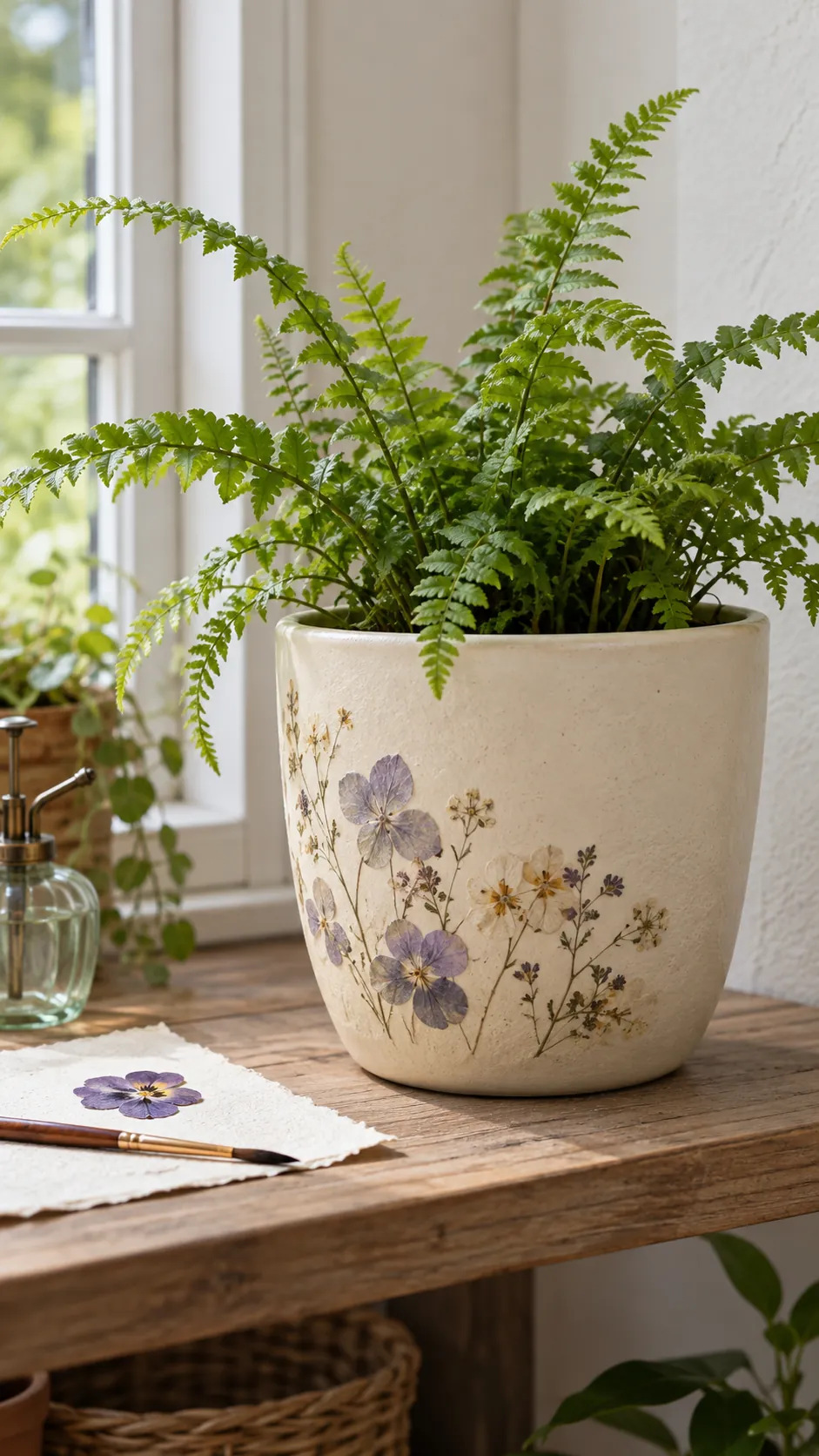 Pressed Flower Impressions on a real plant pot in a home setting
