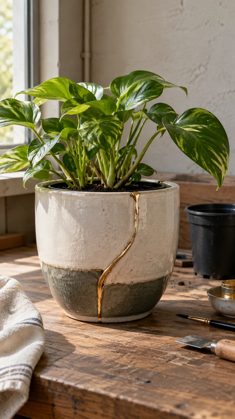 Repair Inspired Accent Lines on a real plant pot in a home setting