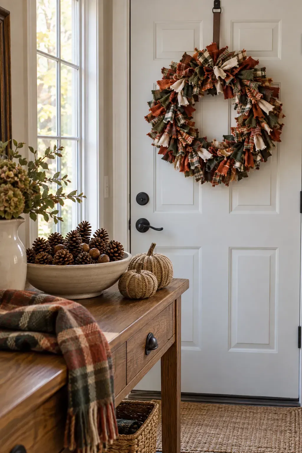 Handmade fall wreath, pinecone bowl, and twine pumpkins in an entryway